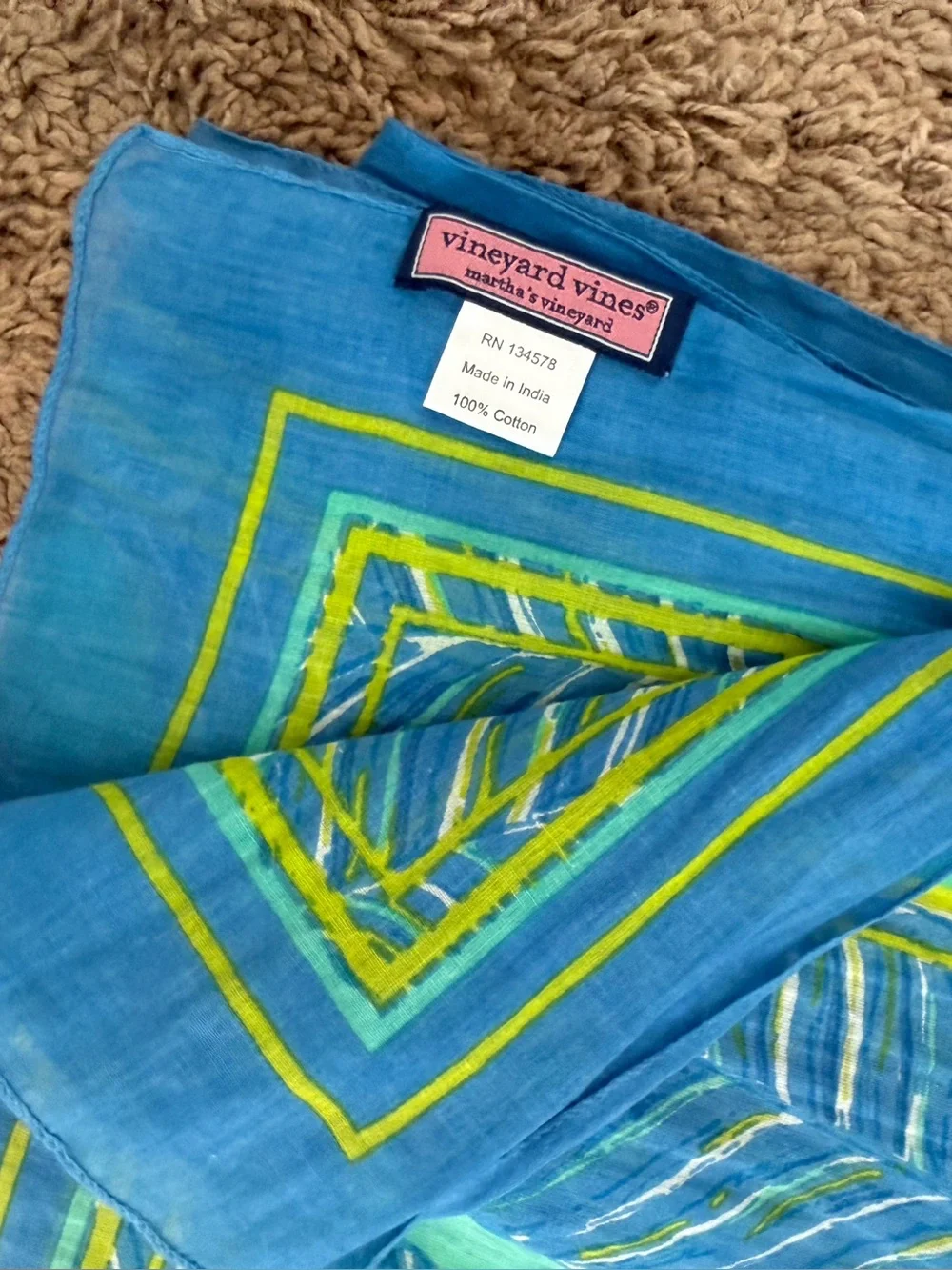 Vineyard Vines Blue & Green Leaf Tropical Beach Theme 100% Cotton Scarf Wrap